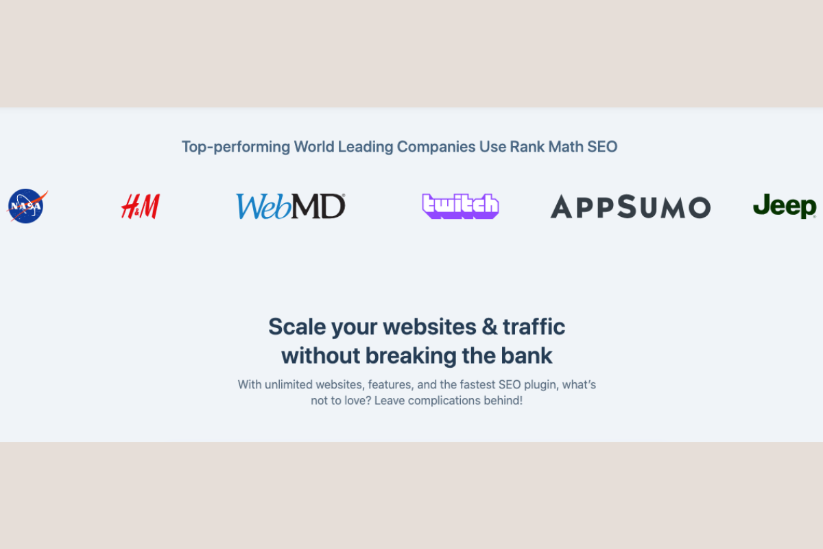 Rank Math SEO Review 2025: The Best Plugin I Use on Every Website Logos of top global companies like NASA, H&M, WebMD, Twitch, AppSumo, and Jeep using Rank Math SEO plugin for high-performing websites.