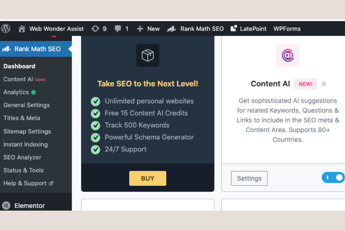 Rank Math SEO Review 2025: The Best Plugin I Use on Every Website Screenshot of Rank Math SEO dashboard with premium features including Content AI, keyword tracking, schema generator, and 24/7 support.