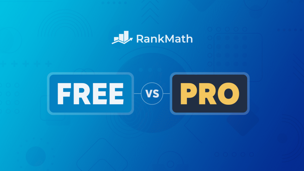 Rank Math Free vs Pro with a blue background.