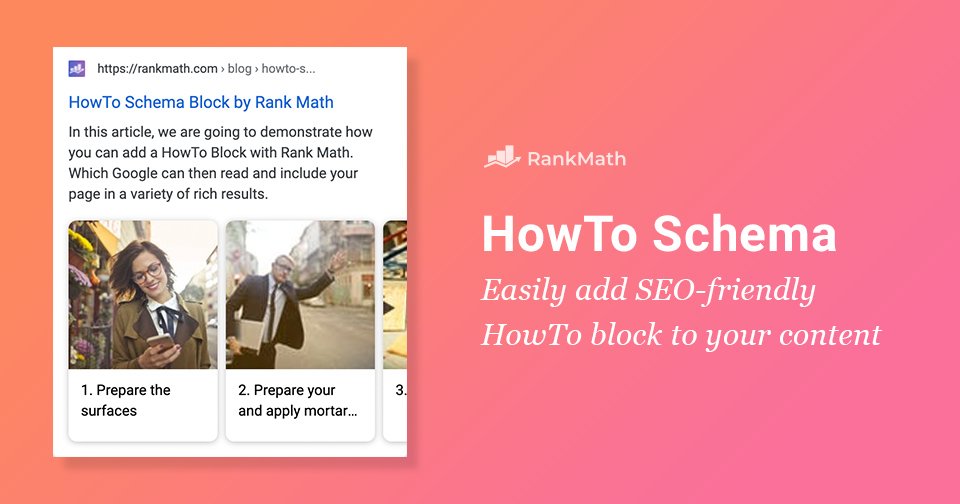A screenshot of website with a man on one side and a female on the other side. And a text How to schema, Easily add SEO-friendly, How to block to your content. On an orange gradient background