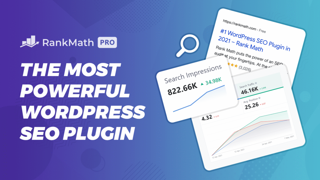 Best SEO Plugin for Wordpress. A blue gradient background with a text, Rank Math, the most powerful Wordpress SEO Plugin, written and some screenshots of analytics